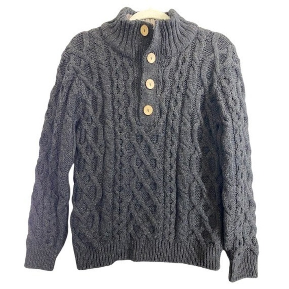 Peregrine Mens SM Black Cable Knit Wool Button Mock Neck Sweater Made in UK‎